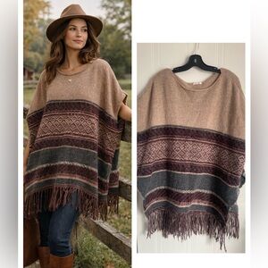 Brown Cream Fringe Poncho Cape OS Boho Heritage Countryside Layering